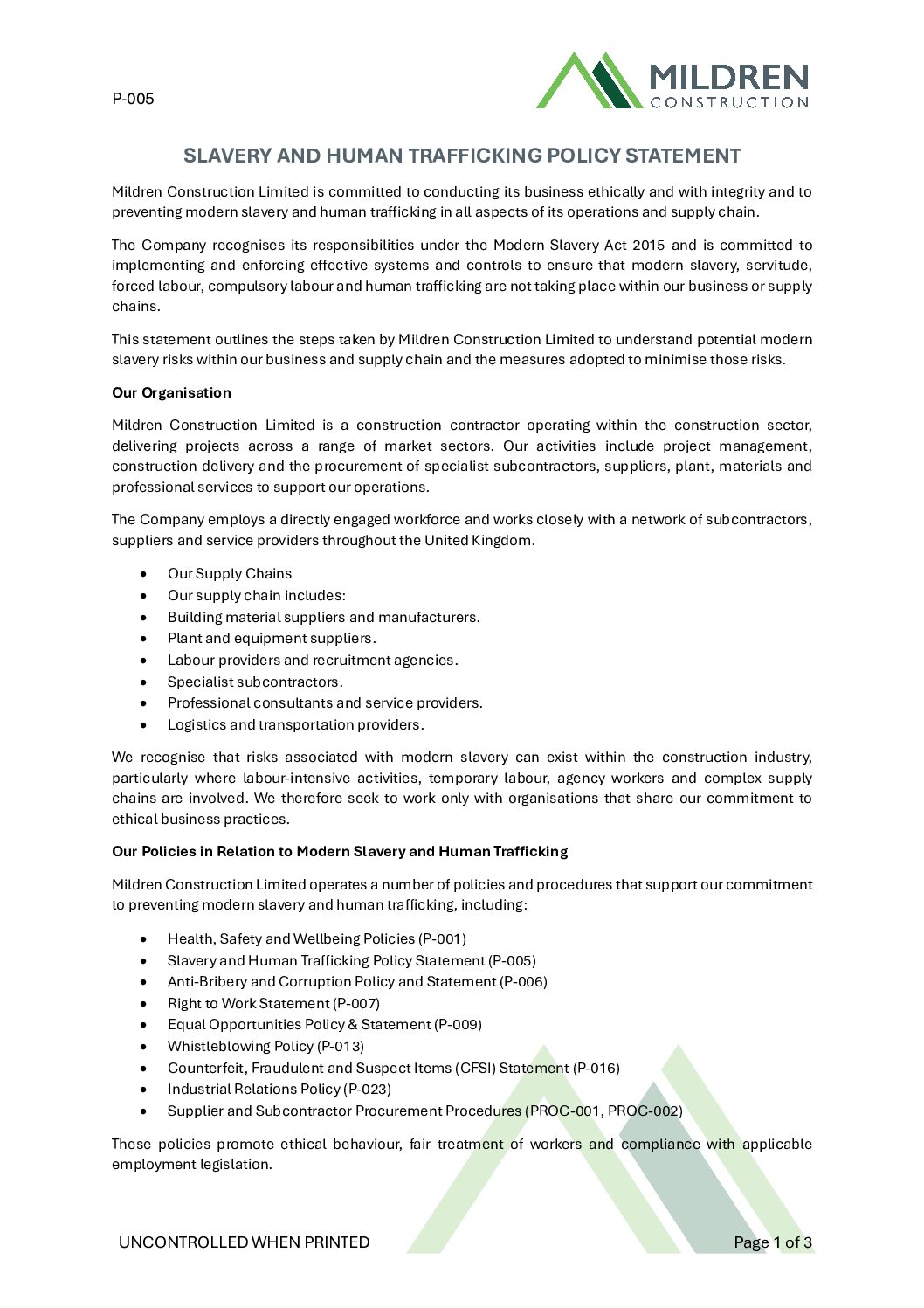 Slavery and Human Trafficking Policy Statement